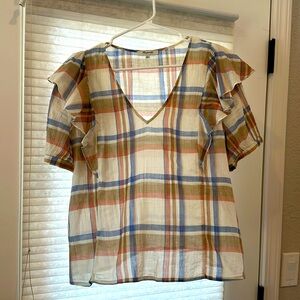 Madewell V-Neck Plaid Cotton Blouse with Ruffle Shoulders